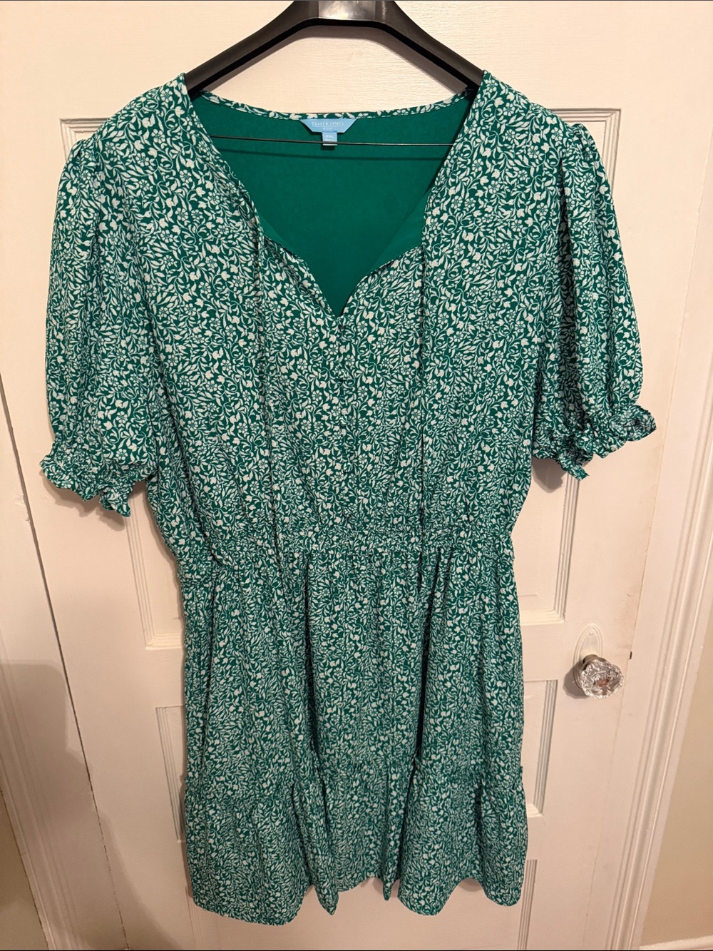 Draper James Teal Green Floral V-Neck Smocked-Waist Short Dress